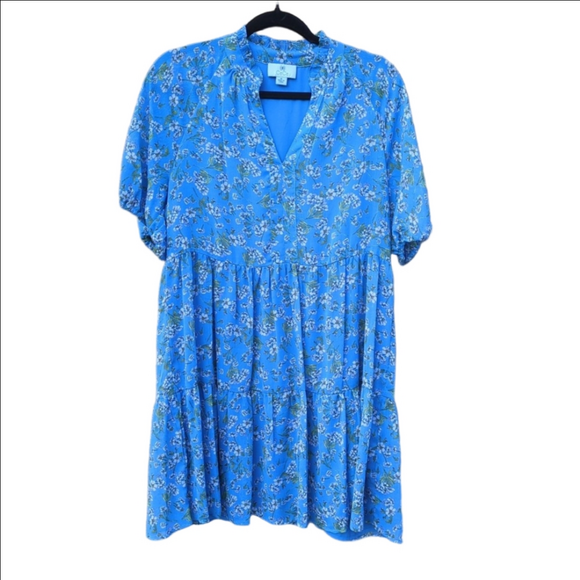 CeCe Dresses & Skirts - CeCe Womens Blue Floral Shift Raffled Dress M Chiffon Puff Sleeve V-neck